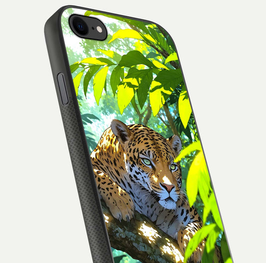 Leopard in Jungle Glass Case for iPhone 7 angled close-up showing fur texture and glossy shine reflection