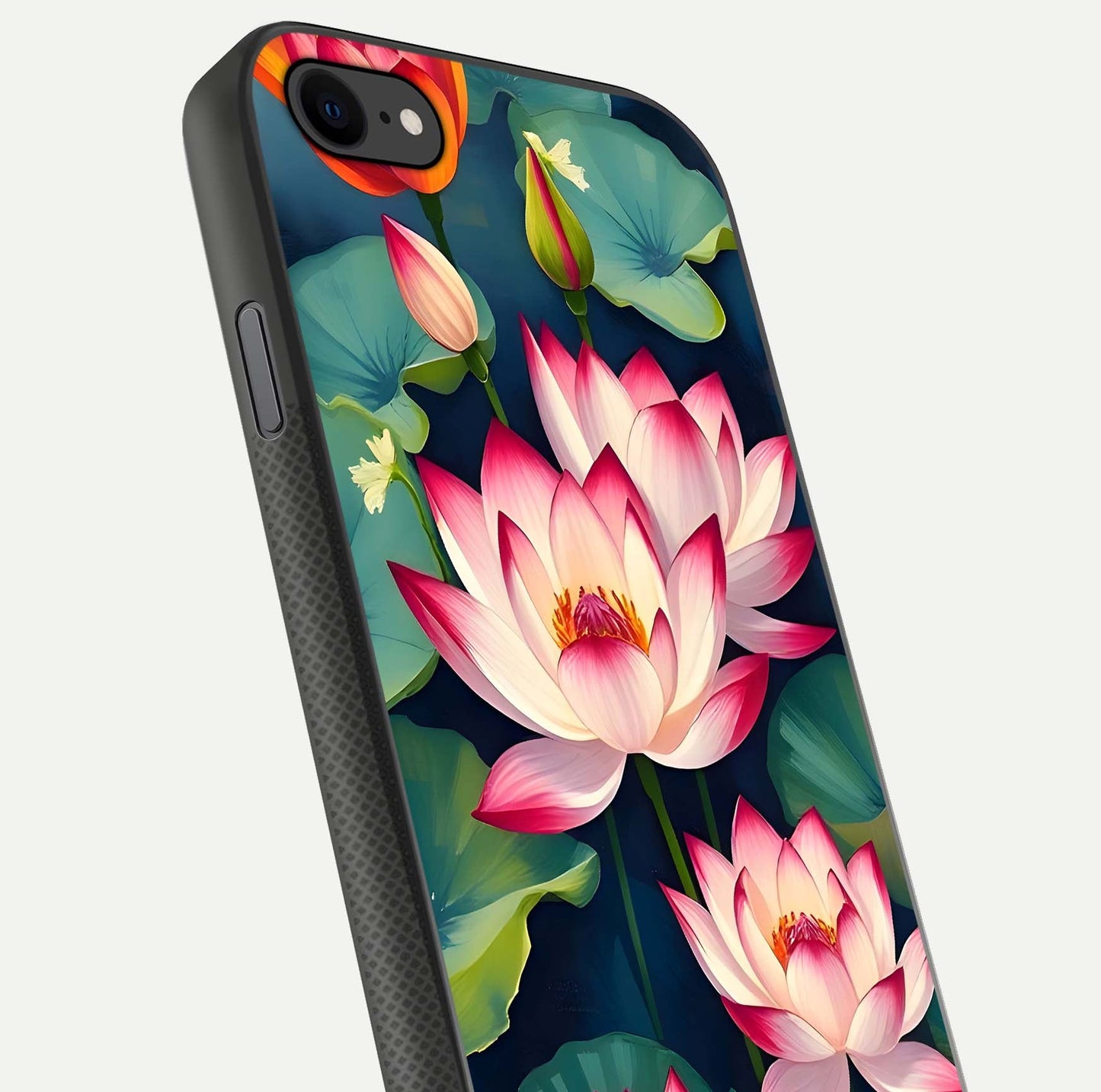 Lotus Dream Serenity Glass Case for iPhone 7 close-up angled shot showing floral details and soft shine