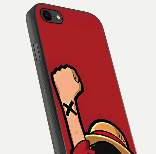 Luffy X Spirit Glass Case for iPhone 7 close-up angled shot showing character detailing and gloss texture