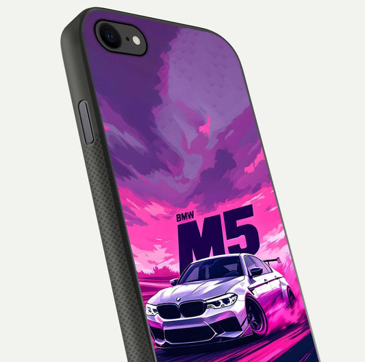 MS Neon Car Glass Case for iPhone 7 close-up angled shot showing vivid neon reflections and shine