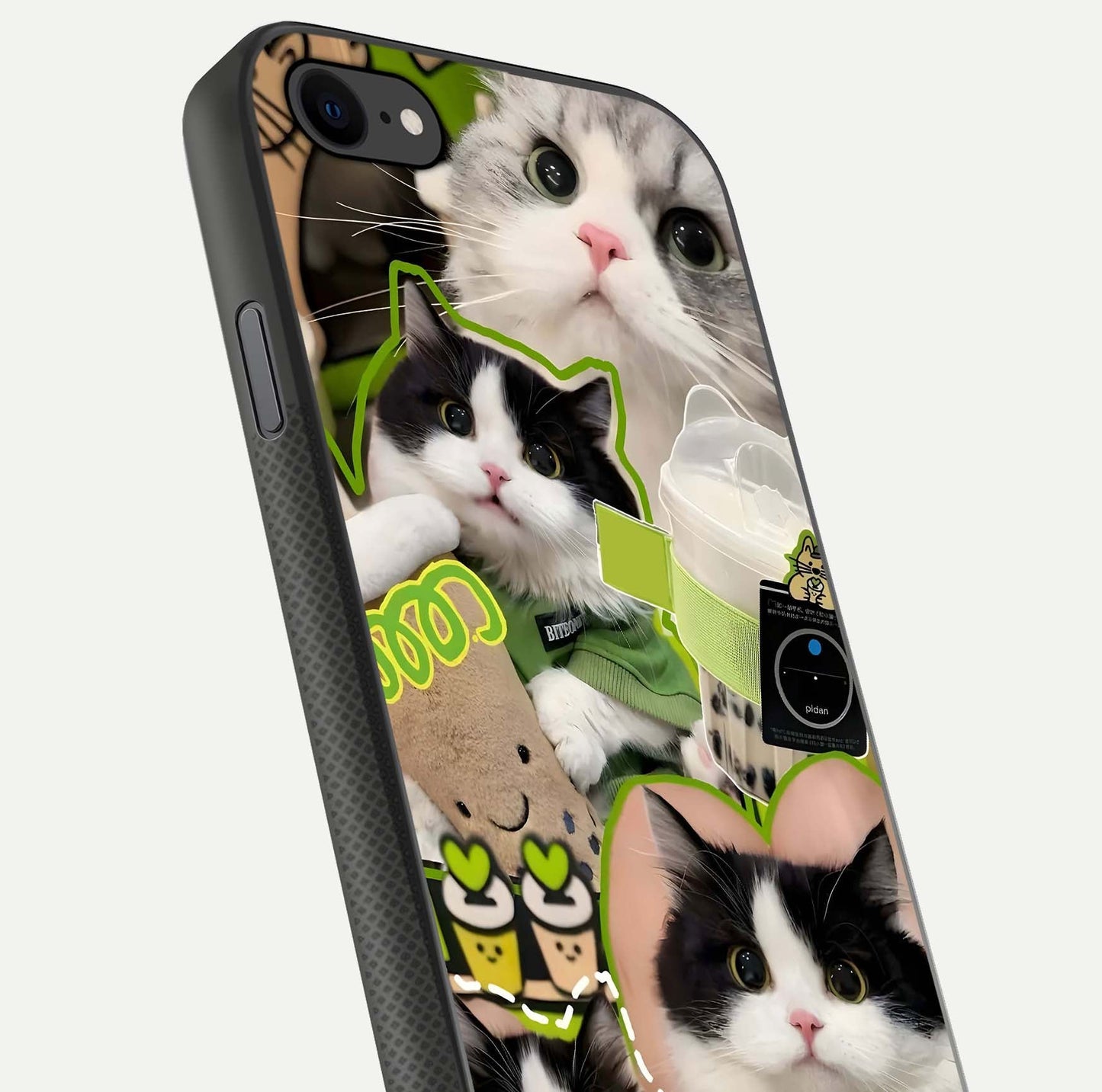 Matcha Cats Mood Glass Case for iPhone 7 close-up angled shot showing adorable cat art and reflection detail