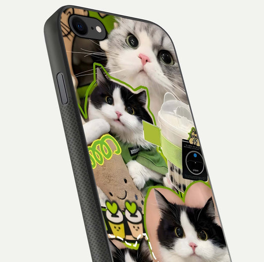 Matcha Cats Mood Glass Case for iPhone 7 close-up angled shot showing adorable cat art and reflection detail
