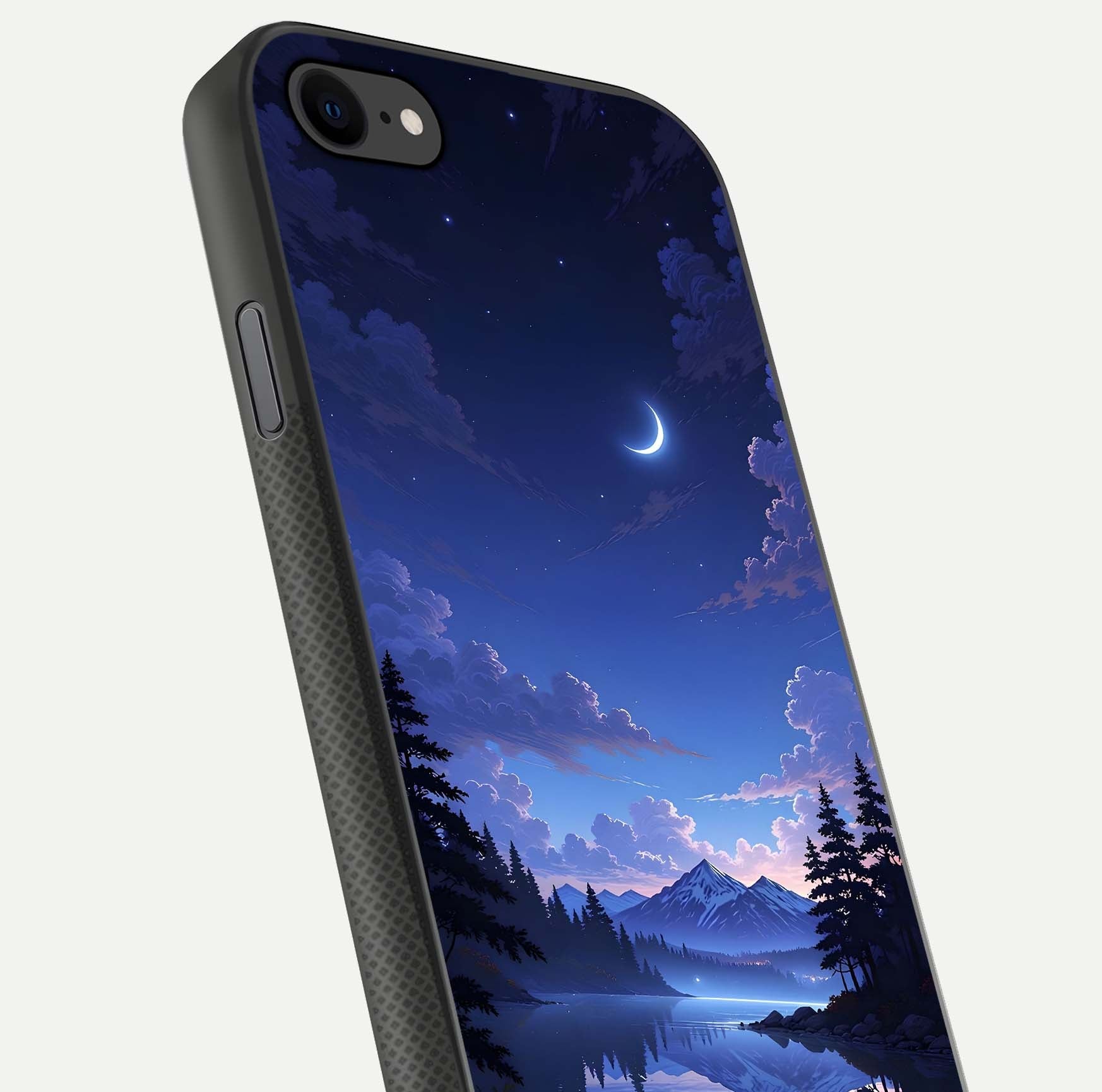 Midnight Lake Peace Glass Case for iPhone 7 close-up angled shot showing blue night tones and reflection