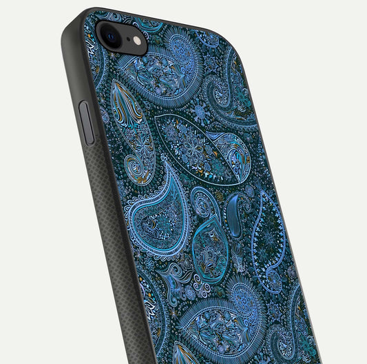 Midnight Paisley Glow Glass Case for iPhone 7 close-up angled shot showing floral details and gloss texture
