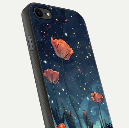 Midnight Tulip Glow Glass Case for iPhone 7 close-up angled shot showing petal details and reflection glow