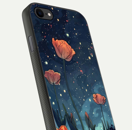 Midnight Tulip Glow Glass Case for iPhone 7 close-up angled shot showing petal details and reflection glow