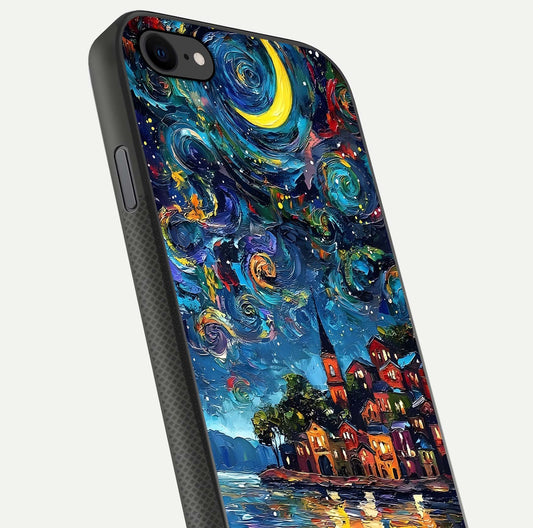 Moonlight Harbor Glow Glass Case for iPhone 7 close-up angled shot showing reflection and moonlight glow
