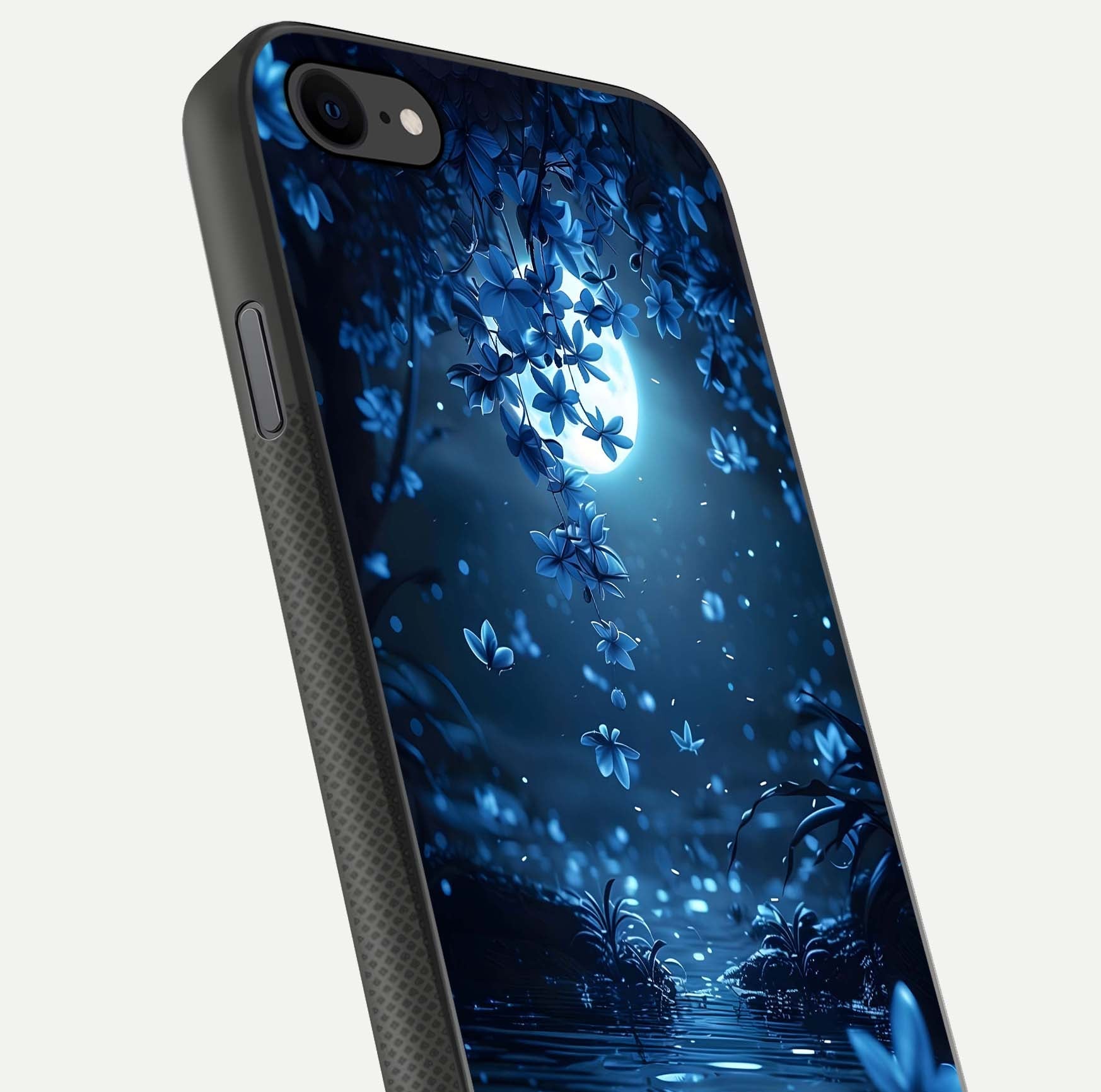 Moonlight Petal Dream Glass Case for iPhone 7 close-up angled shot showing petal reflection and glow texture