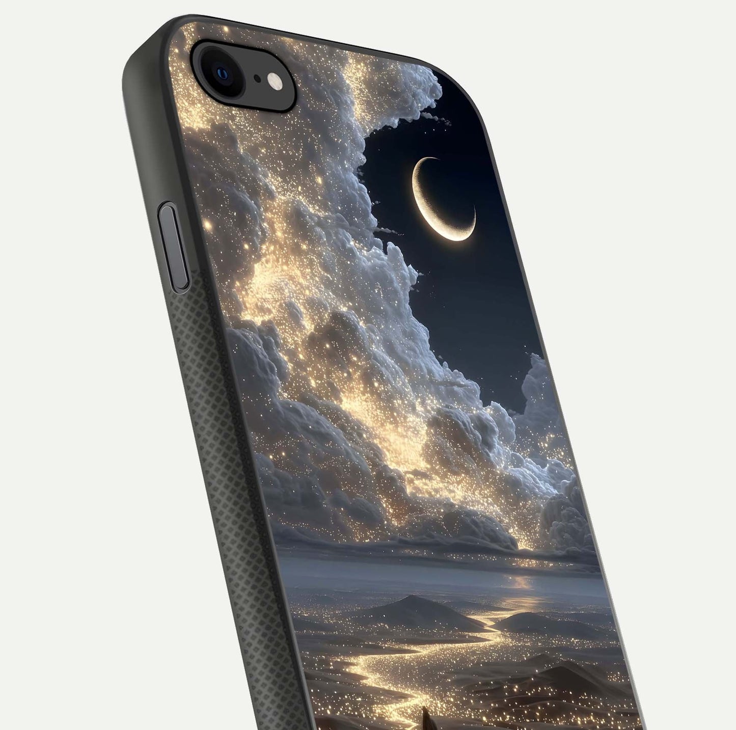 Moonlight Spark Path Glass Case for iPhone 7 close-up angled shot showing glowing stars and reflection