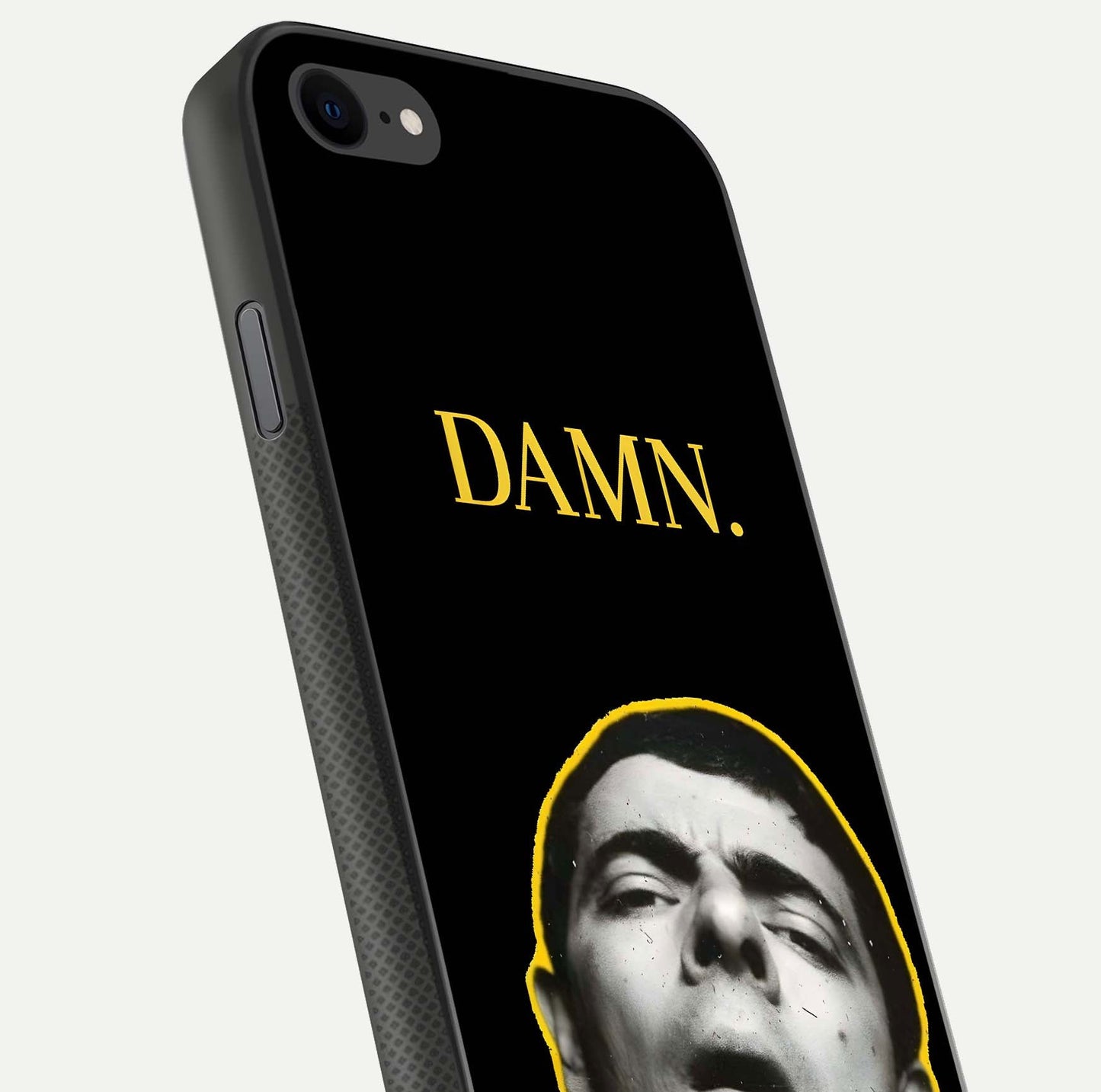 Mr Bean Damn Glass Case for iPhone 7 close-up angled shot highlighting comic expression and shine detail