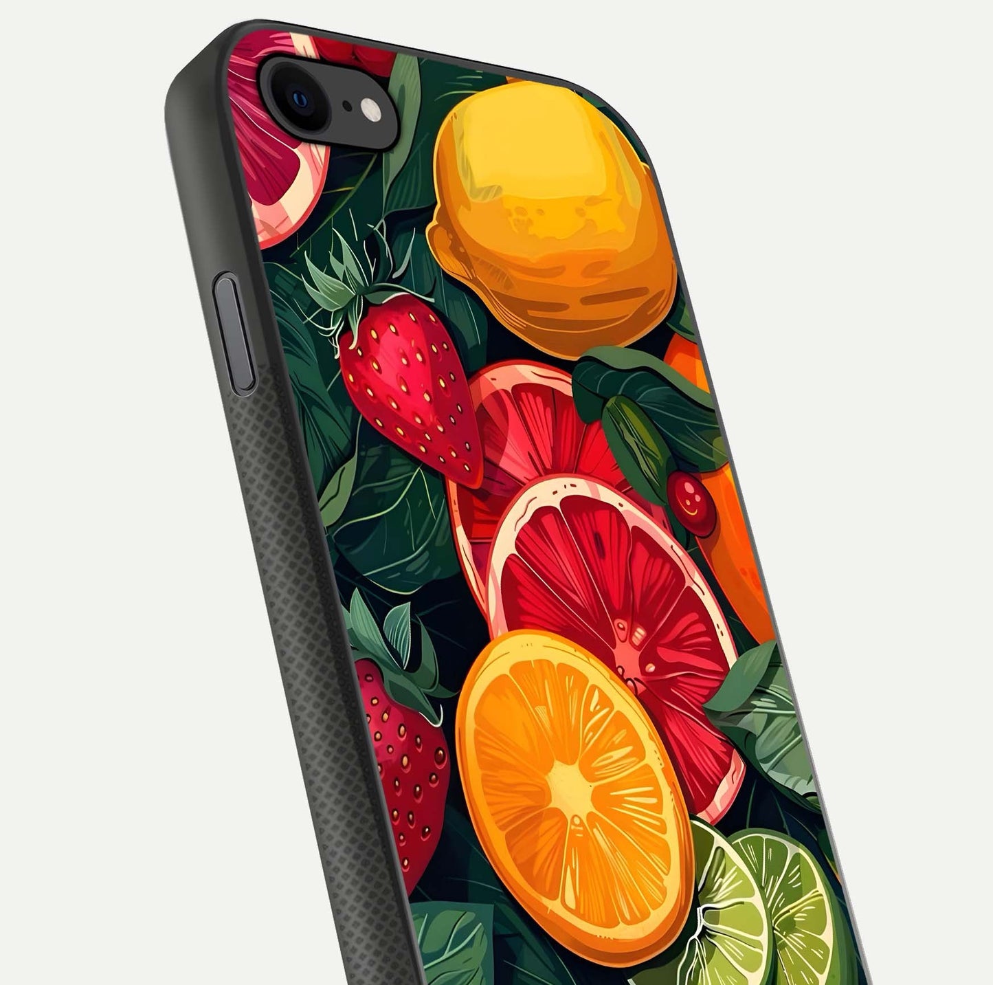 Multiple Fruits Glass Case for iPhone 7 close-up angled shot showing fruit texture and HD gloss shine