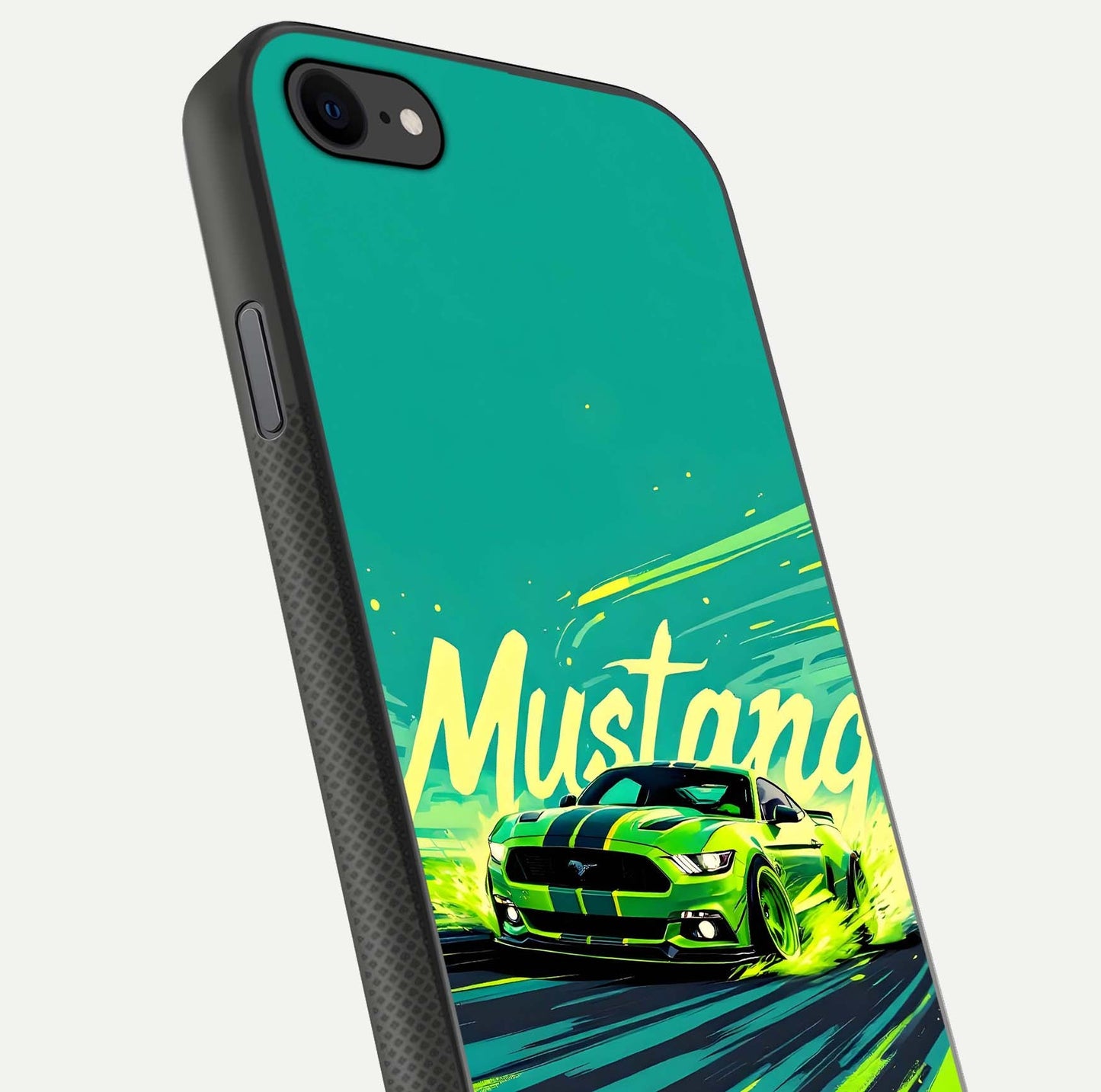 Mustang Bang Glass Case for iPhone 7 close-up angled shot showing car emblem and HD reflection