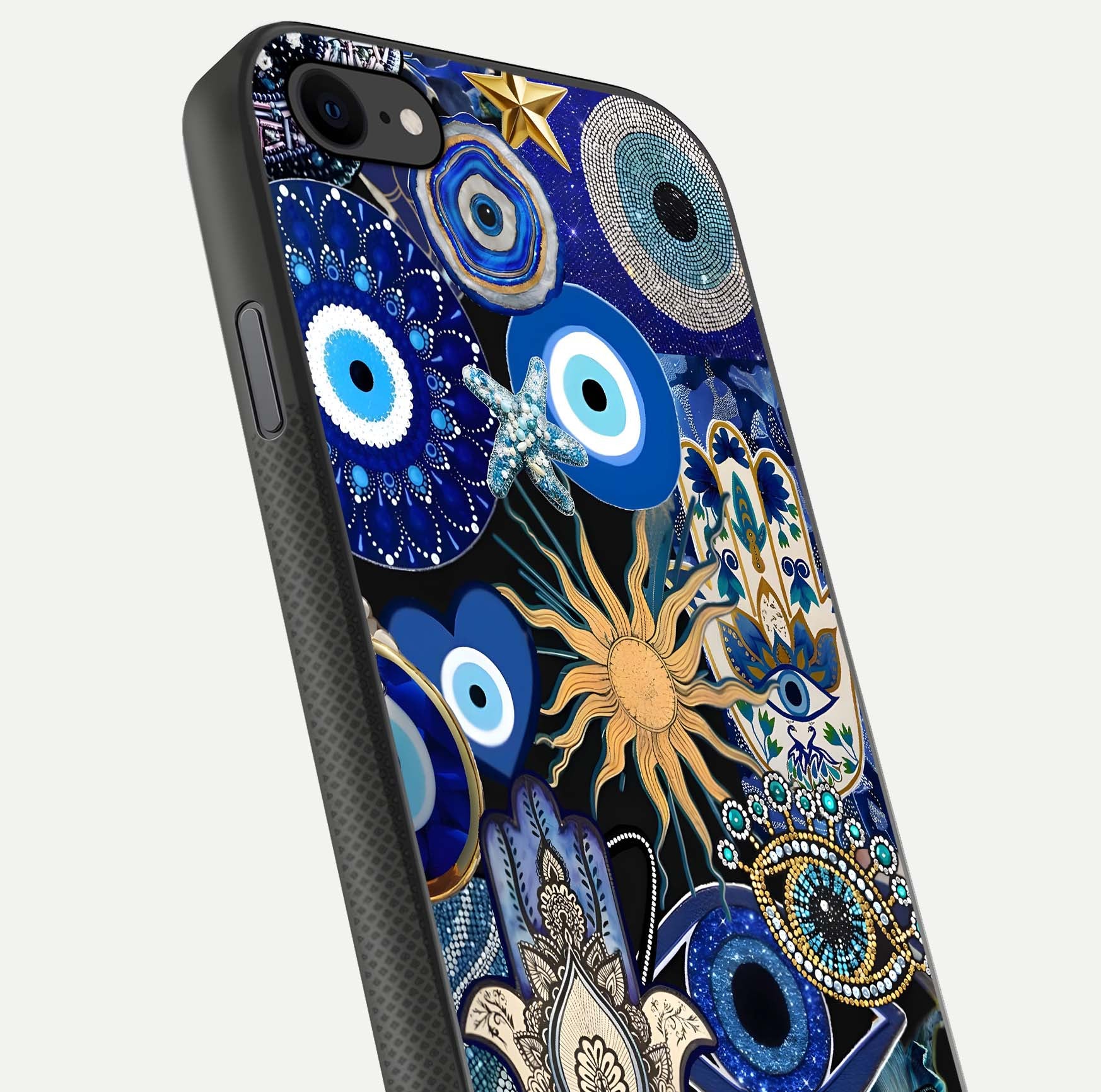 Mystic Blue Evil Eye Glass Case for iPhone 7 close-up angled shot highlighting mystical glow and HD reflection
