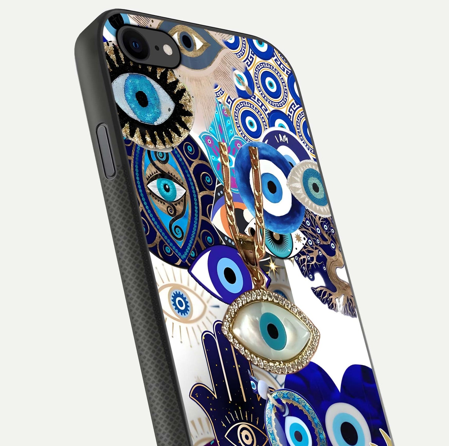 Mystic Charm Eye Glass Case for iPhone 7 close-up angled shot showing detailed eye art and reflection
