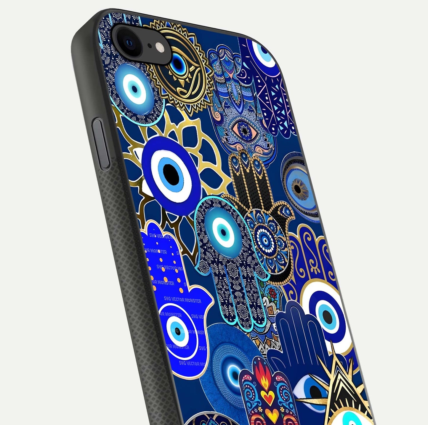 Mystic Palm Guard Glass Case for iPhone 7 close-up angled shot showing eye symbol and fine texture