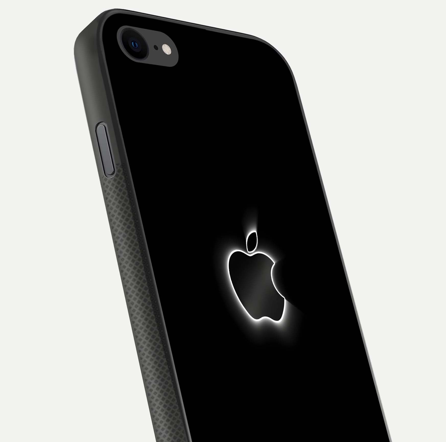 Neon Apple Glow Glass Case for iPhone 7 close-up angled shot highlighting neon reflection and color pop