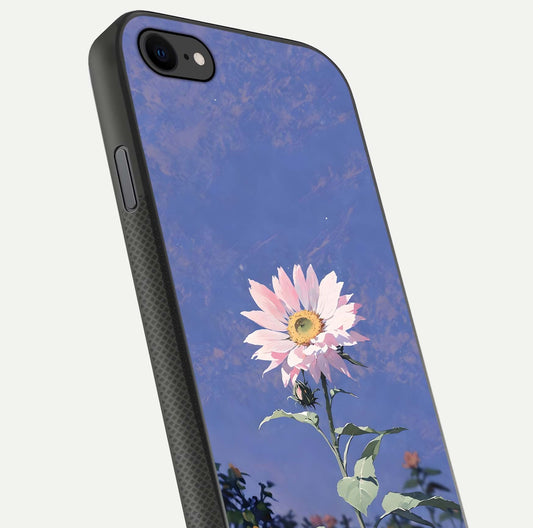 Pink Sunflower Glow Glass Case for iPhone 7 close-up angled shot highlighting petal texture and reflection