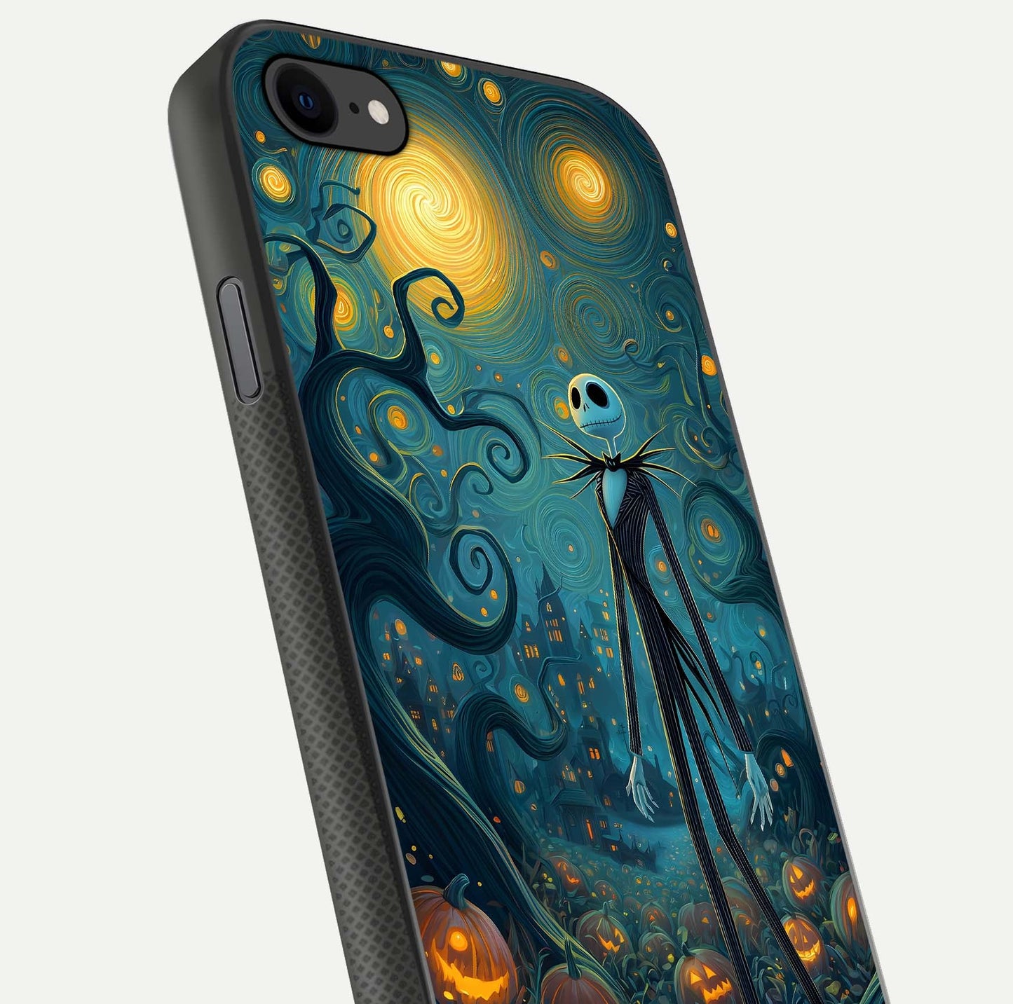 Pumpkin Moonlight Tale Glass Case for iPhone 7 close-up angled shot highlighting reflection and vibrant glow
