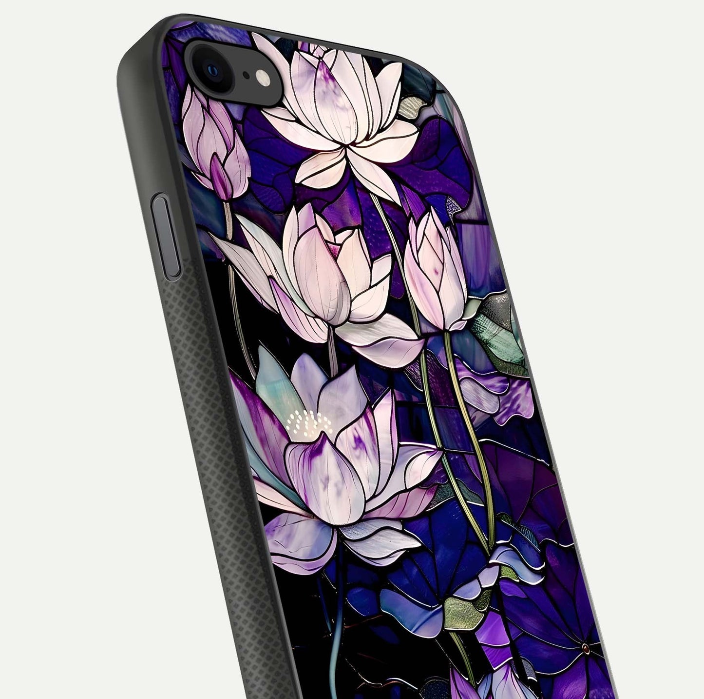 Purple Lotus Pattern Glass Case for iPhone 7 close-up angled shot showing petal texture and HD reflection