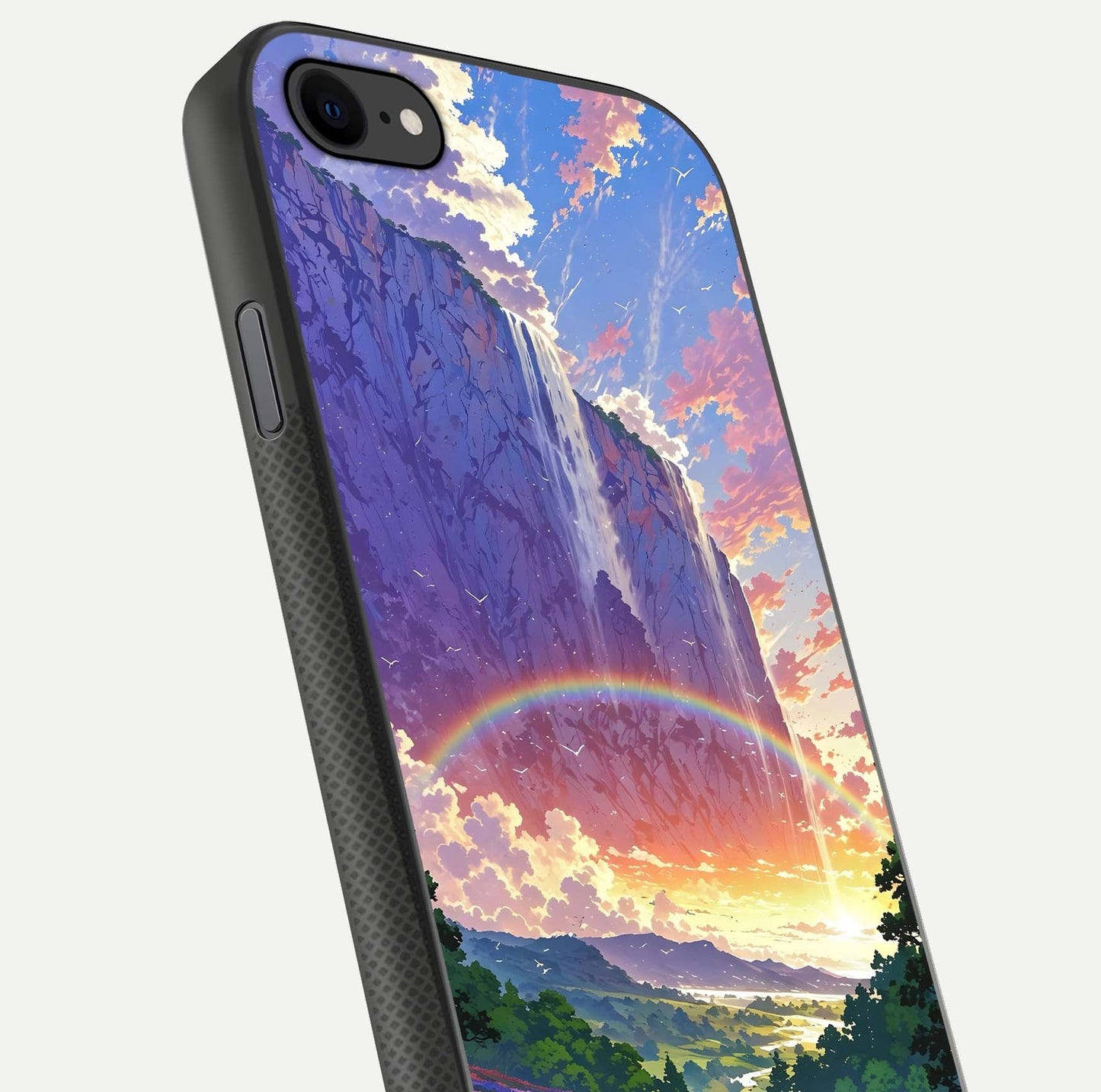 Rainbow Valley Dream Glass Case for iPhone 16 Pro close-up angled shot highlighting gradient tones and HD shine