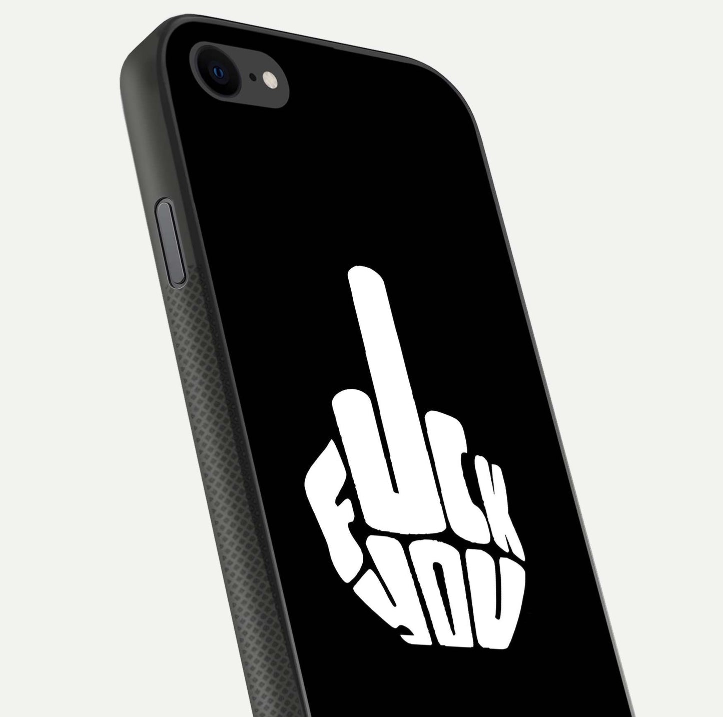 Rebel Mode On Glass Case for iPhone 7 close-up angled shot highlighting reflective text and sharp design
