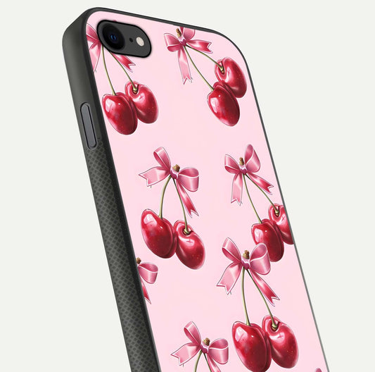 Red Cherries Pattern Glass Case for iPhone 7 close-up angled shot showing cherry details and HD reflection