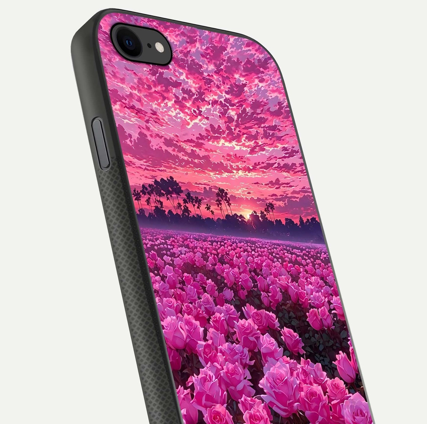 Rose Sunset Valley Glass Case for iPhone 7 close-up angled shot showing rose detailing and golden hues