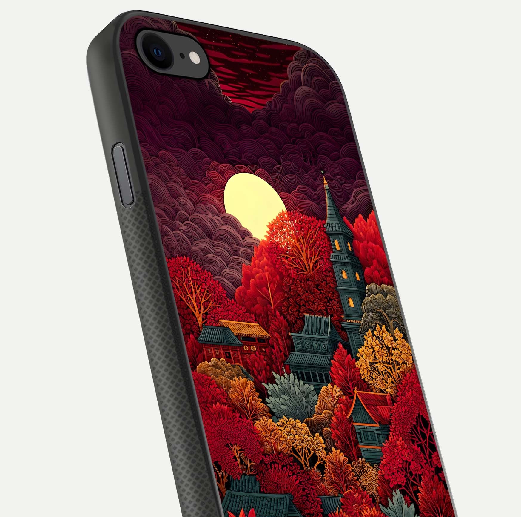 Scarlet Autumn Temple Glass Case for iPhone 7 close-up angled shot highlighting golden leaves and reflection
