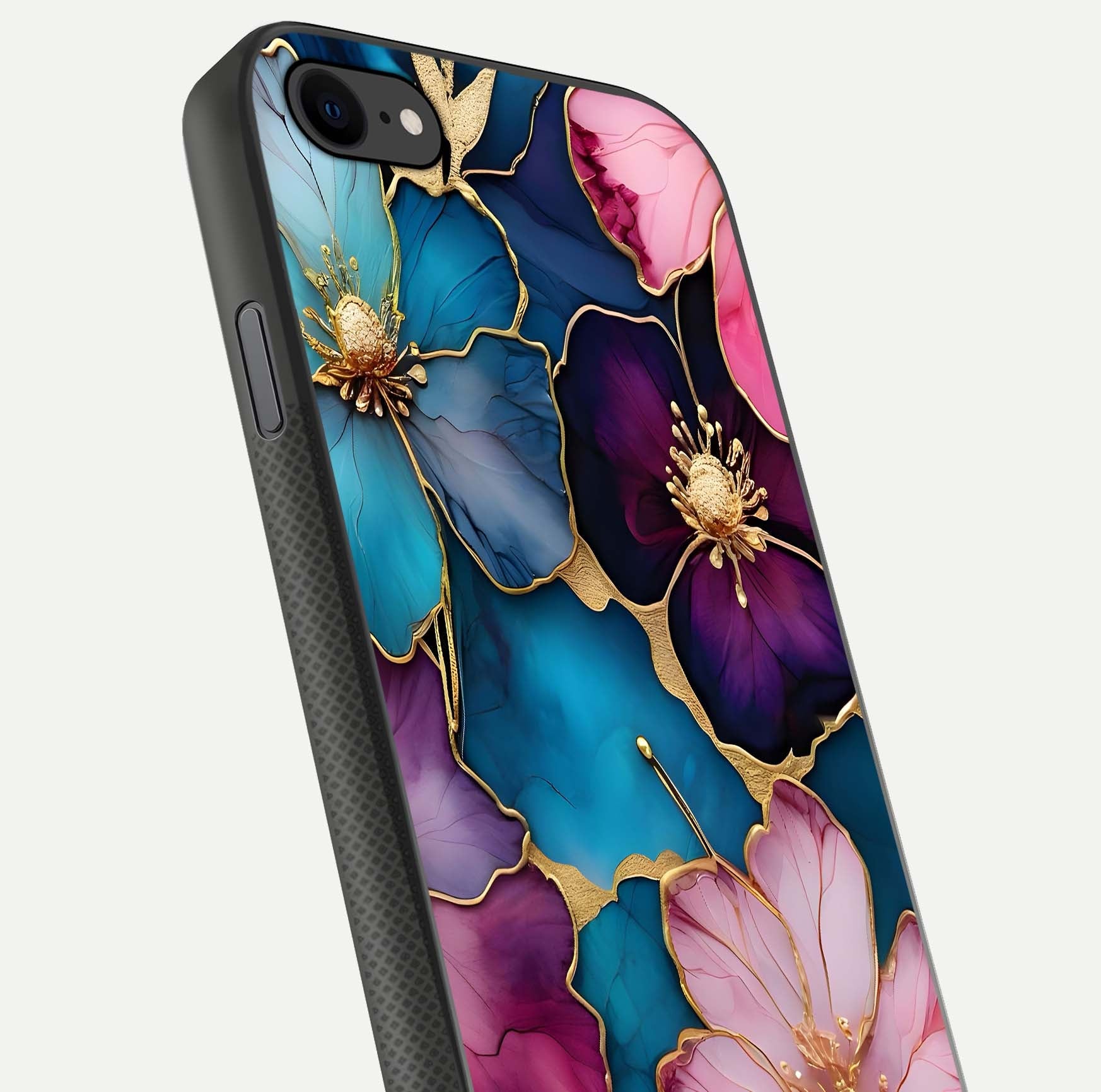 Sparkle Floral Glass Case for iPhone 7 close-up angled shot highlighting shimmer details and reflection