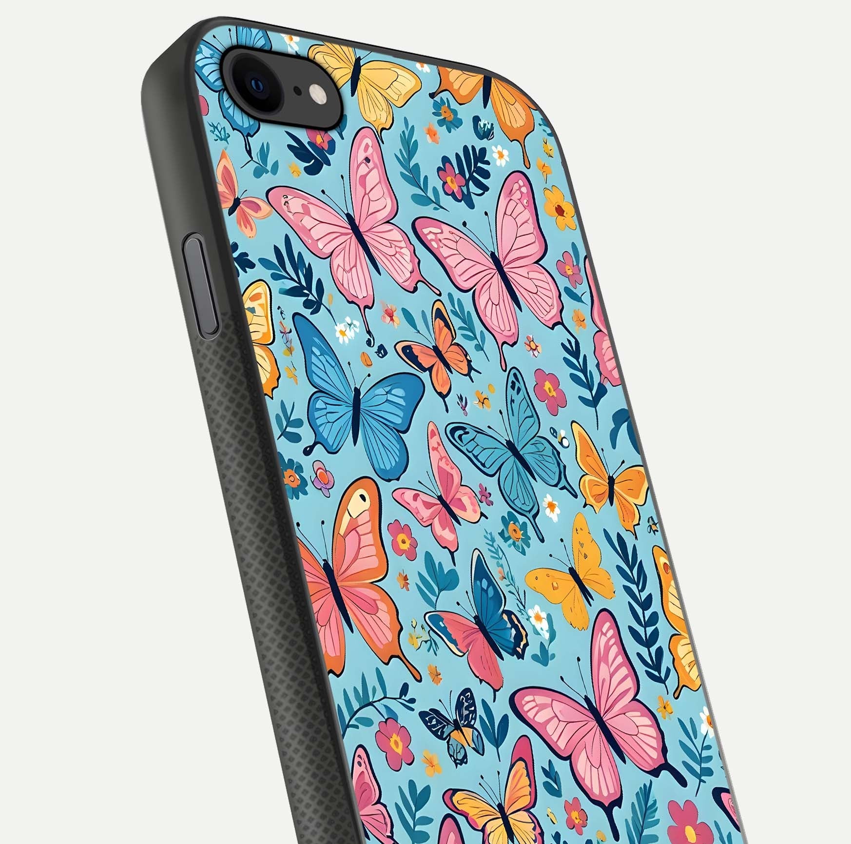 Spring Wing Garden Glass Case for iPhone 7 close-up angled shot highlighting petal details and reflection