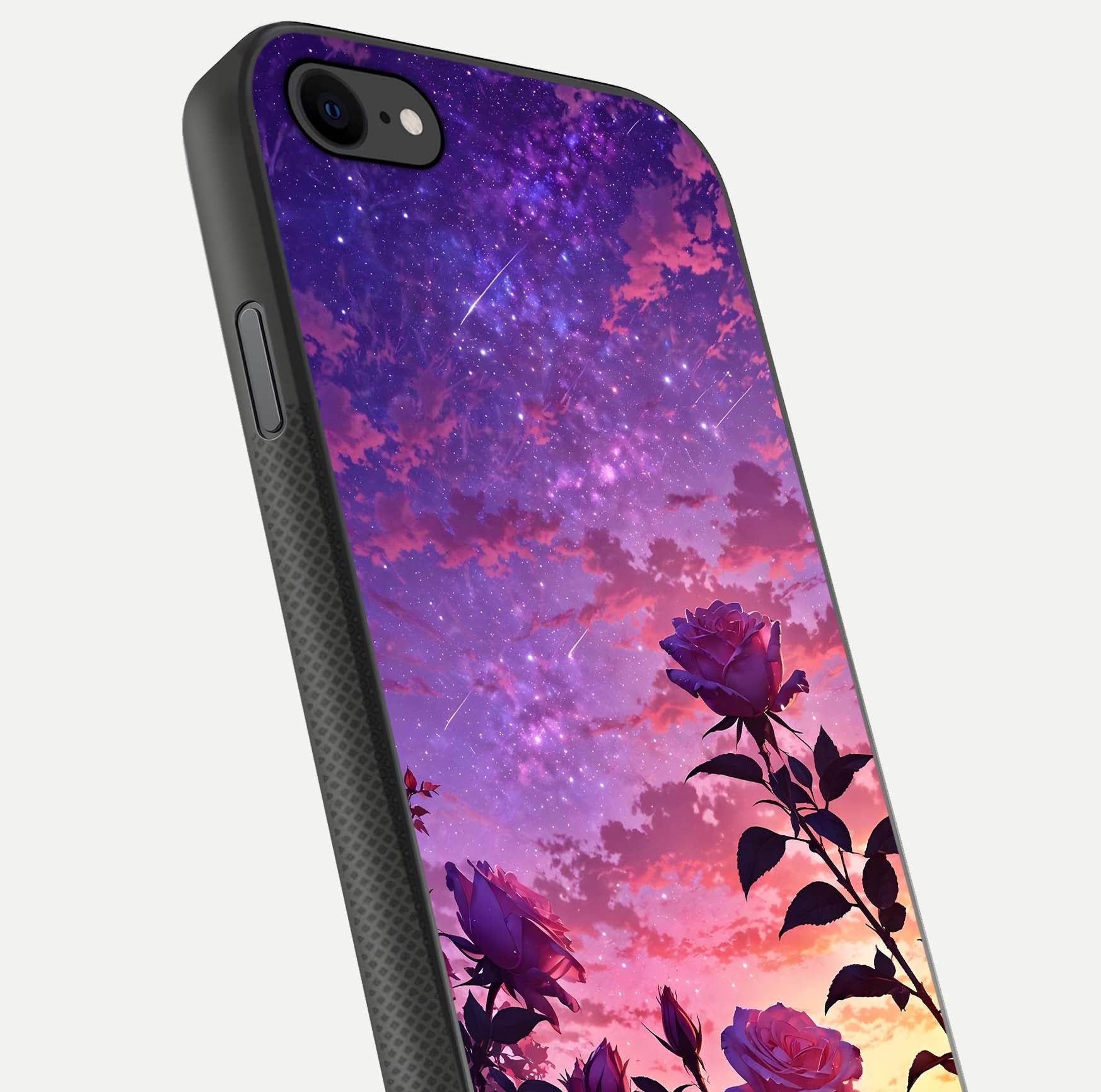 Starlit Rose Twilight Glass Case for iPhone 7 close-up angled shot highlighting rose detail and reflection