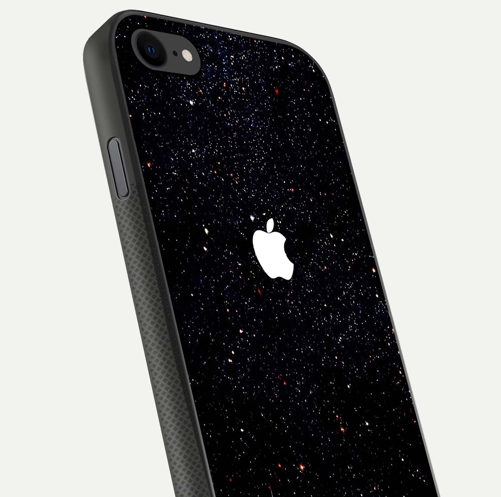 Starry Apple Galaxy Glass Case for iPhone 7 close-up angled shot highlighting star details and gloss