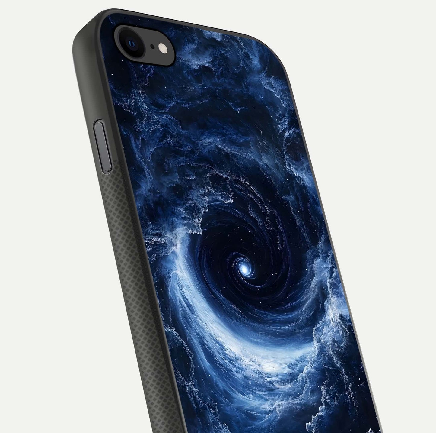 Stunning Galaxy Glass Case for iPhone 7 close-up angled shot highlighting nebula tones and HD reflection