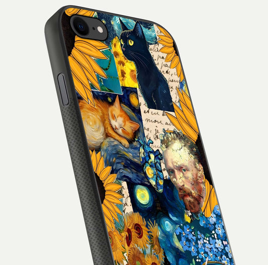 Sunflower Cat Art Glass Case for iPhone 7 close-up angled shot highlighting yellow tones and art reflection