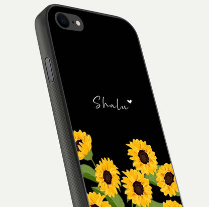 Sunflower Chic Mood Custom Name Glass Case for iPhone 16 Pro close-up angled shot showing HD sunflower pattern