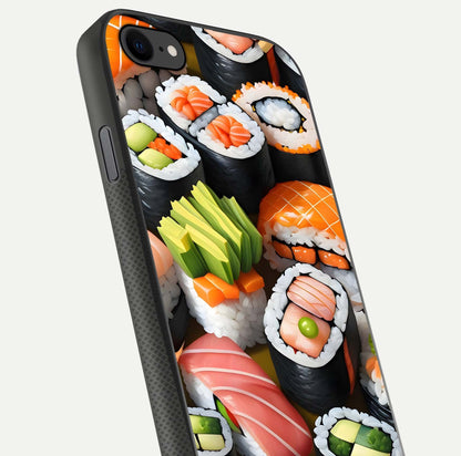 Sushi Food Pattern Glass Case for iPhone 7 close-up angled shot highlighting colorful sushi prints and reflection