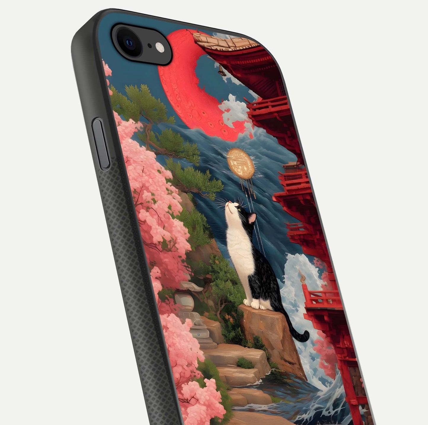 Temple Cat Scenery Glass Case for iPhone 7 close-up angled shot highlighting texture and reflection