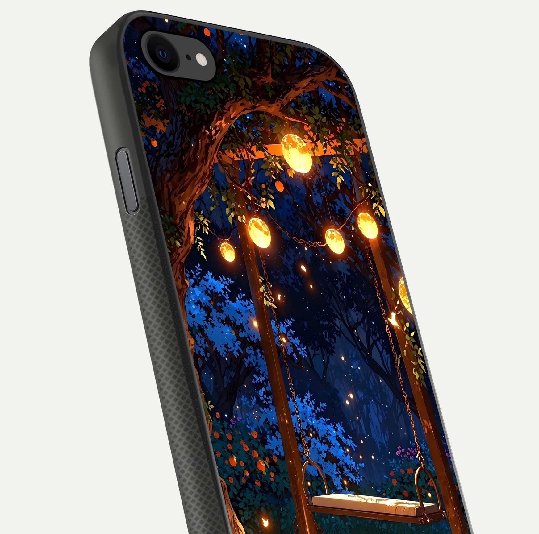 Twilight Garden Swing Glass Case for iPhone 7 close-up angled shot highlighting floral tones and reflection