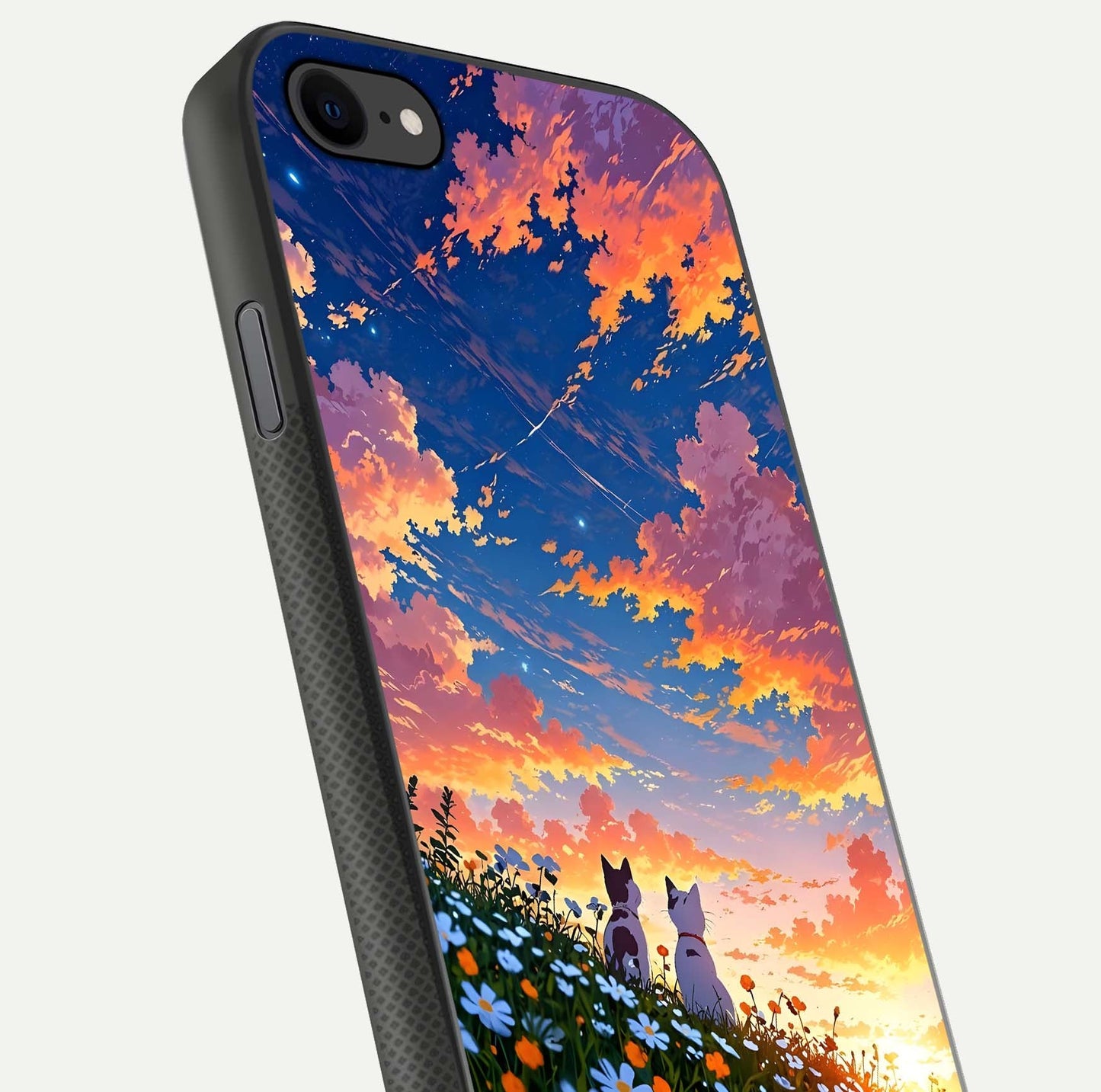 Two Cats Friends Glass Case for iPhone 7 close-up angled shot highlighting cat illustrations and soft reflection