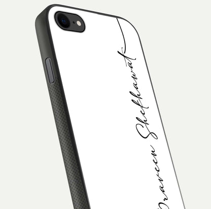 White Tune Custom Name Glass Case for iPhone 7 close-up angled shot highlighting gloss reflection and texture