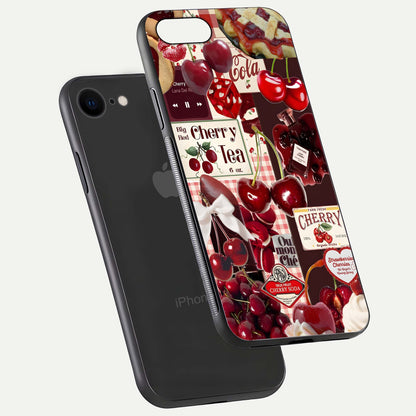 Aesthetic Cherry Tea Glass Case for iPhone 16 Pro floating dual-view mockup showing edge design and detailed cherry pattern gloss texture