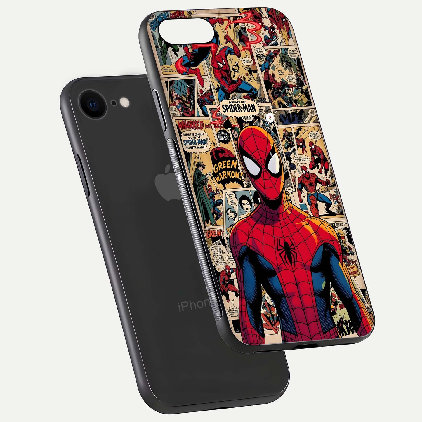 Aesthetic Spider Man Glass Case for iPhone 16 Pro floating dual-view mockup showing edge design and detailed Spider-Man gloss texture