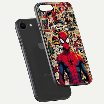 Aesthetic Spider Man Glass Case for iPhone 16 Pro floating dual-view mockup showing edge design and detailed Spider-Man gloss texture