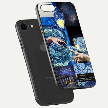 Aesthetic Vando Hands Glass Case for iPhone 16 Pro floating dual-view mockup showing slim edge profile and high-definition gloss