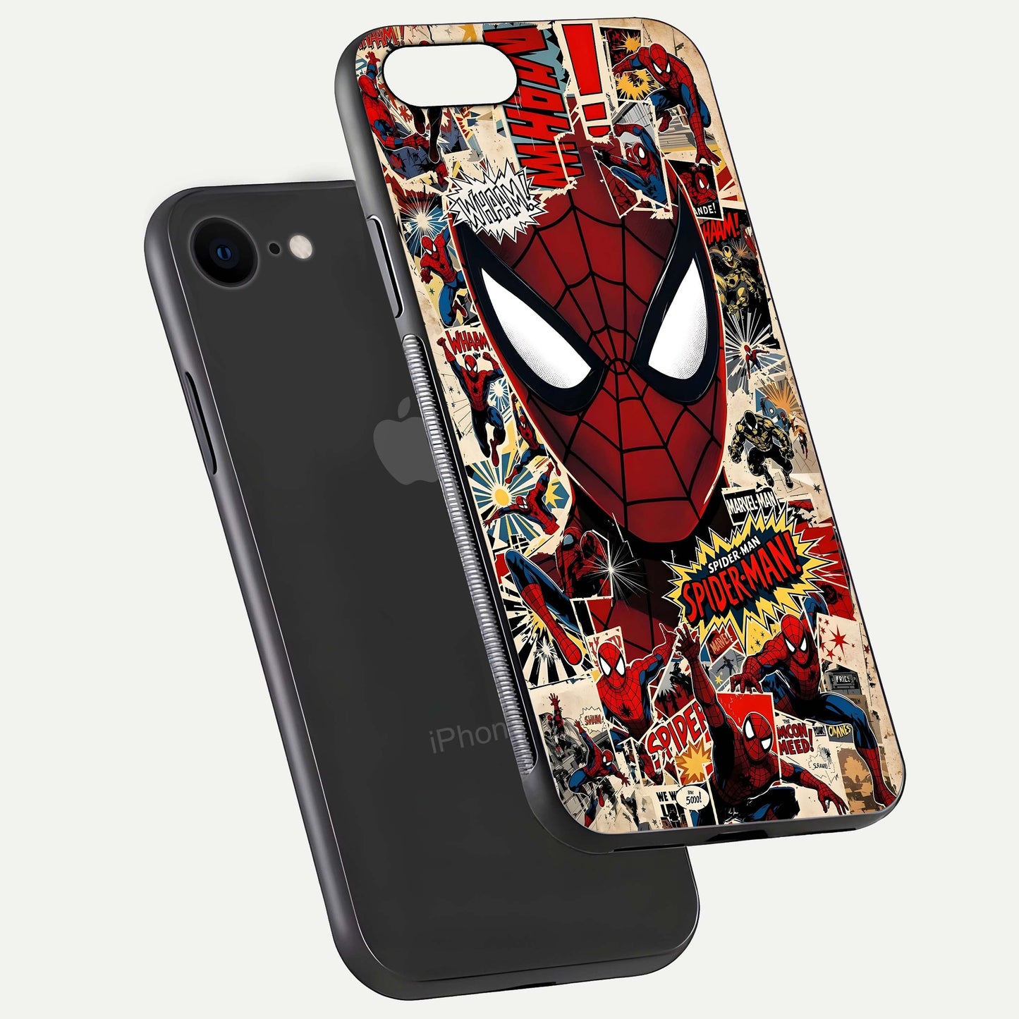 Aesthetic Wonder Spider Glass Case for iPhone 16 Pro floating mockup emphasizing superhero art and glossy reflection