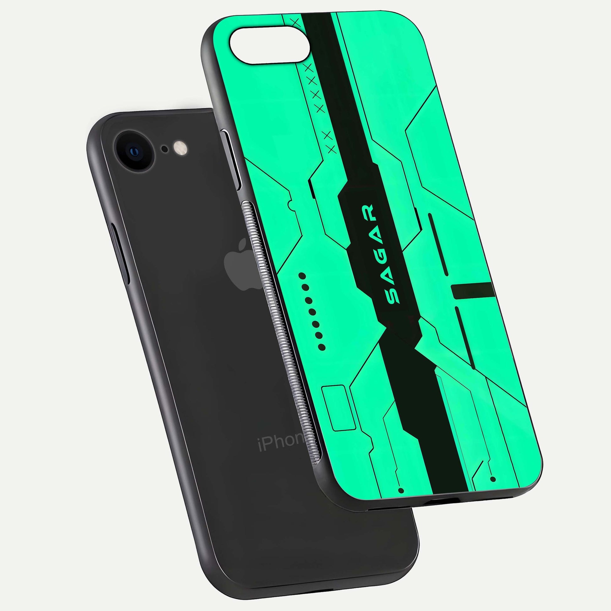 Aqua Tech CYBERPUNK Custom Name Glass Case for iPhone 7 floating mockup highlighting name customization area