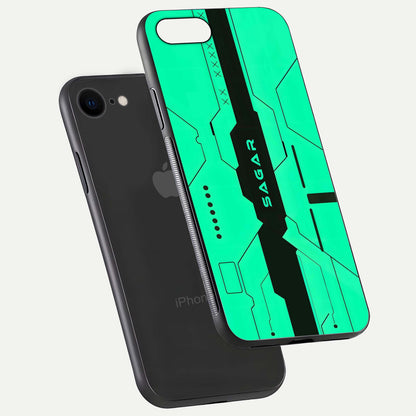 Aqua Tech CYBERPUNK Custom Name Glass Case for iPhone 7 floating mockup highlighting name customization area