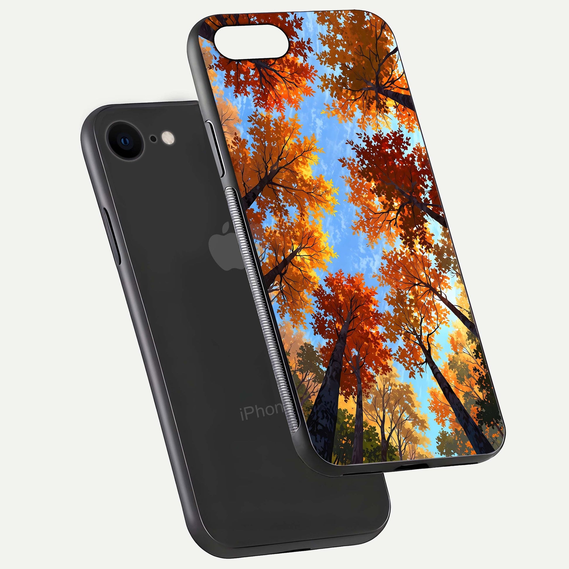Autumn Sky Rise Glass Case for iPhone 16 Pro floating dual-view mockup with sky horizon and glossy highlights