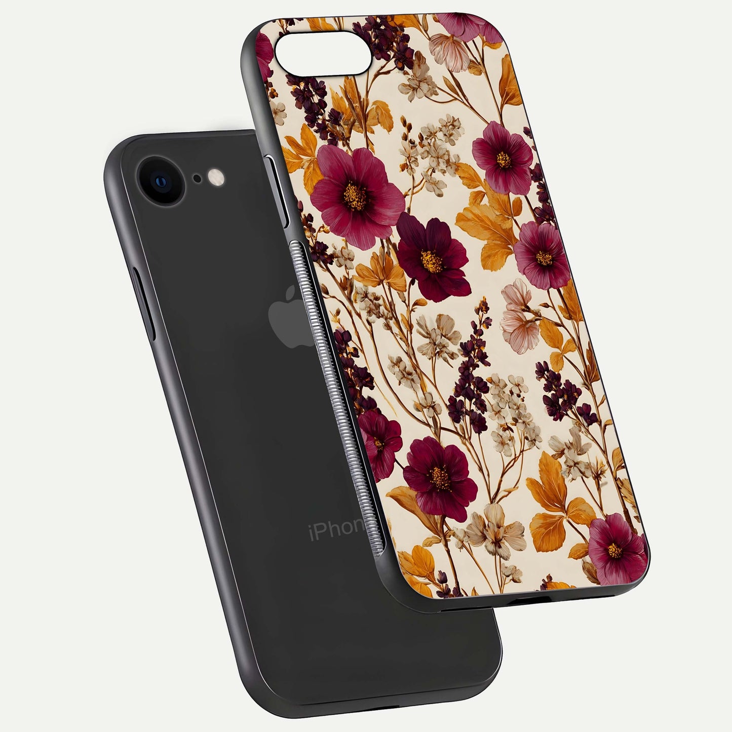 Autumn Wine Bloom Glass Case for iPhone 16 Pro floating mockup with premium floral gradient and protection edge