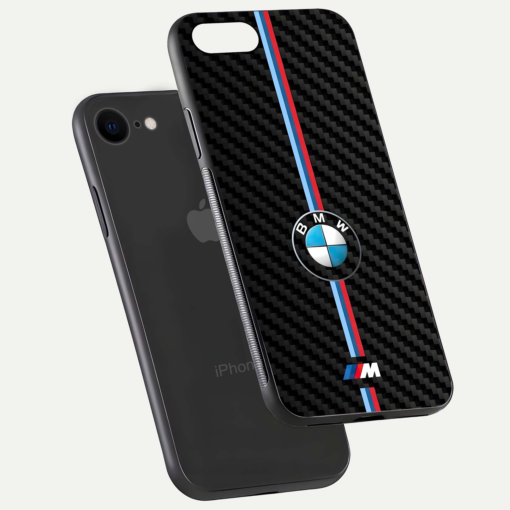 BMW Pattern Glass Case for iPhone 7 floating mockup highlighting clean lines and metallic accent reflection